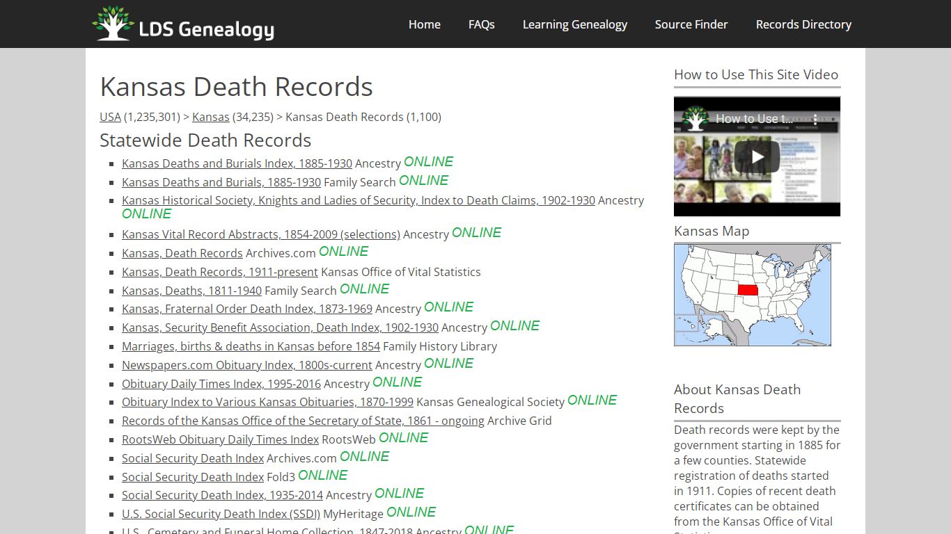 Kansas Death Records - LDS Genealogy