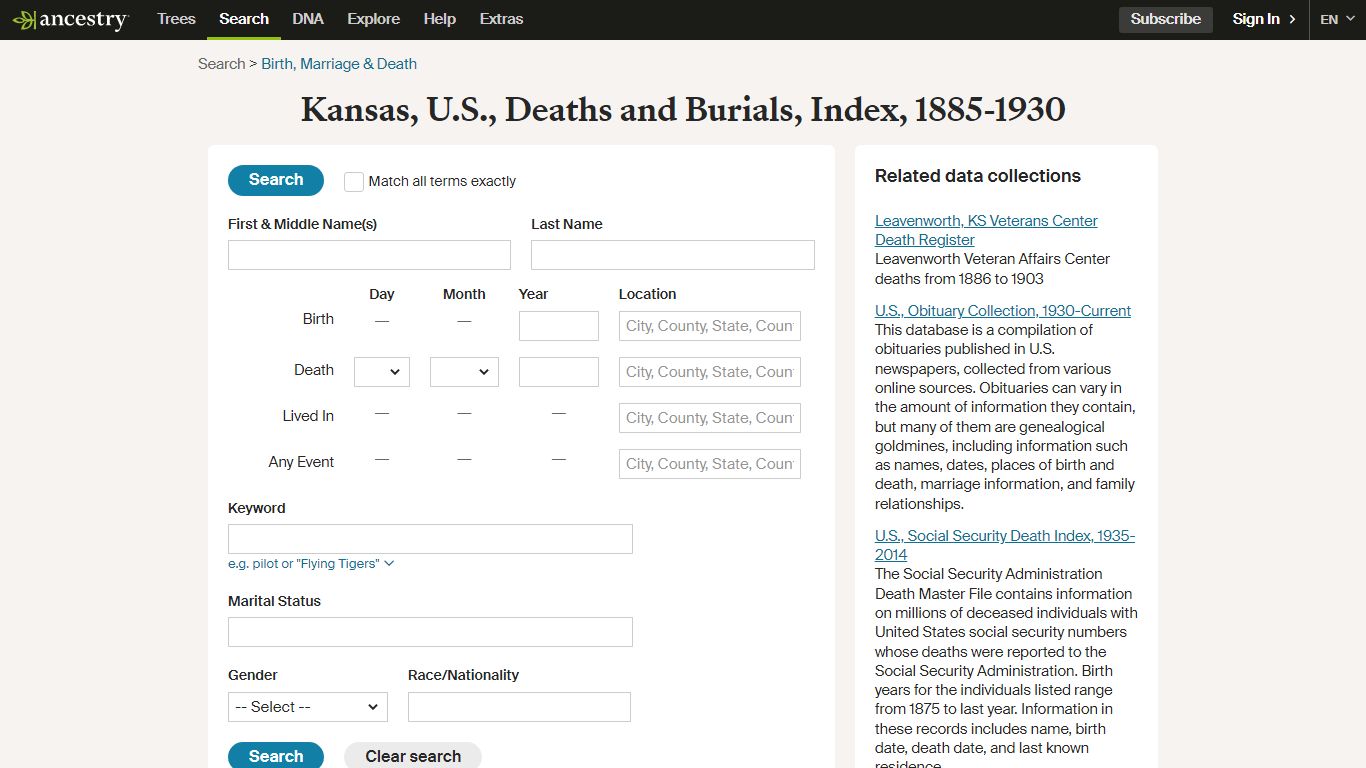 Kansas, U.S., Deaths and Burials, Index, 1885-1930